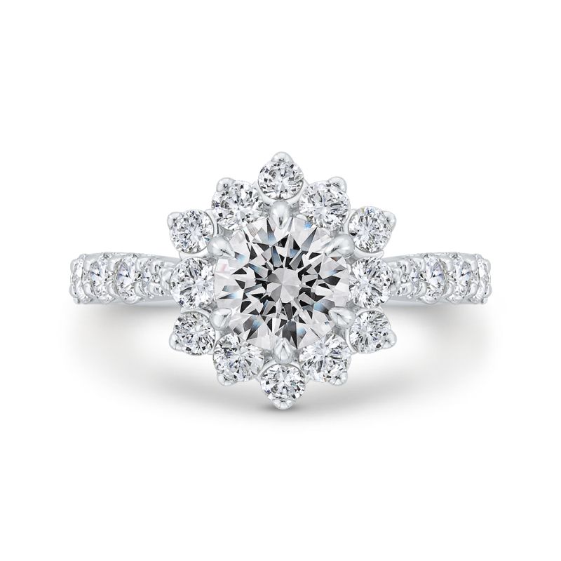 14K White Gold Round Diamond Floral Engagement Ring with Round Shank (Semi-Mount)