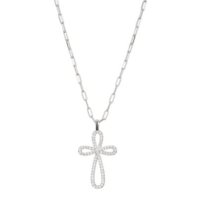 Lady's Silver Paperclip Chain With Cz Cross